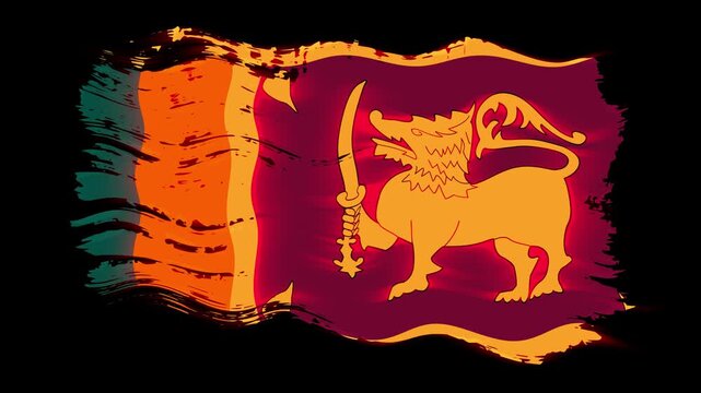 Waving torn Sri Lanka flag grunge brush burn light leaks, transparent background alpha channel loop full HD