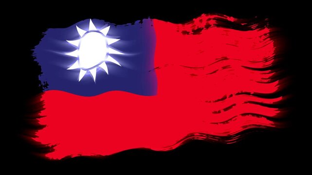 Waving torn Taiwan flag grunge brush burn light leaks, transparent background alpha channel loop full HD