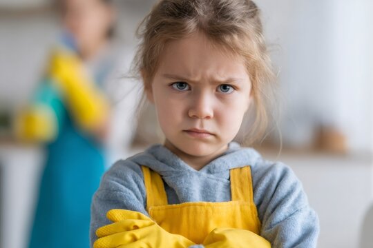 Portrait of an angry little girl refusing to clean. Upset child in yellow gloves and apron with arms crossed showing frustration with household chores.