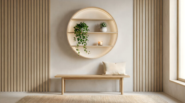 Minimalist home interior with circular wall shelf wooden bench and plants
