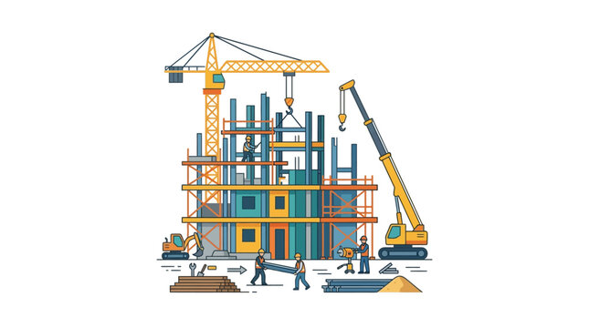 Construction site with crane workers.