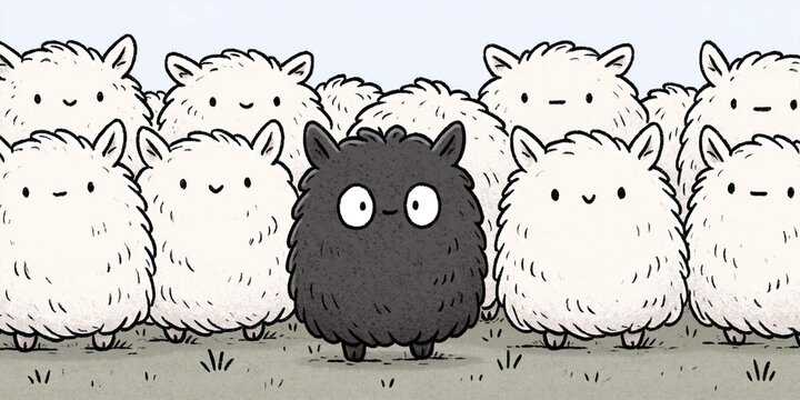 black sheep - comical animation of black sheep surrounded by white sheep sticking out from the crowd