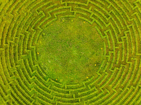 Aerial view of a circular spruce labyrinth with lush green hedges and a grassy center in Jaunpils parish, Tukums Municipality, Latvia.