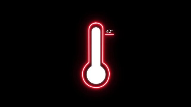 Glowing blue neon thermometer showing forty two degrees celsius temperature measurement on a plain black background for weather and climate data