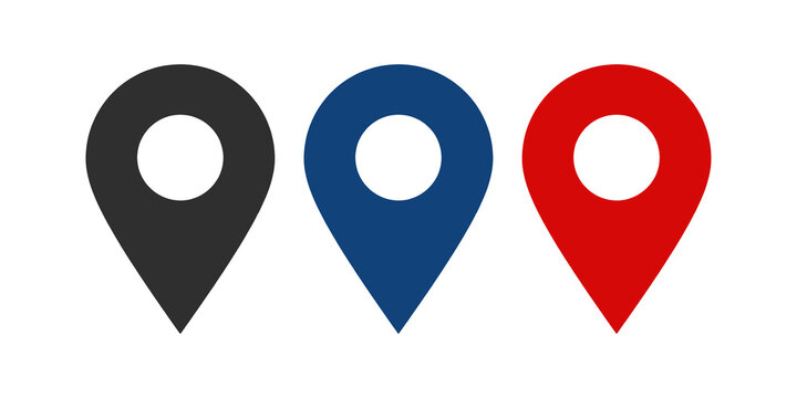 Colorful map pin icons in black, blue, and red on a transparent background