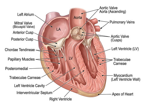 Anatomical diagram of human heart with labeled parts isolated on white background