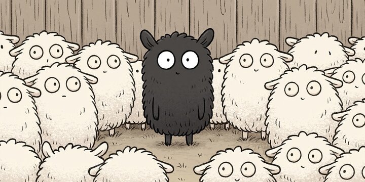 black sheep - comical animation of black sheep surrounded by white sheep sticking out from the crowd