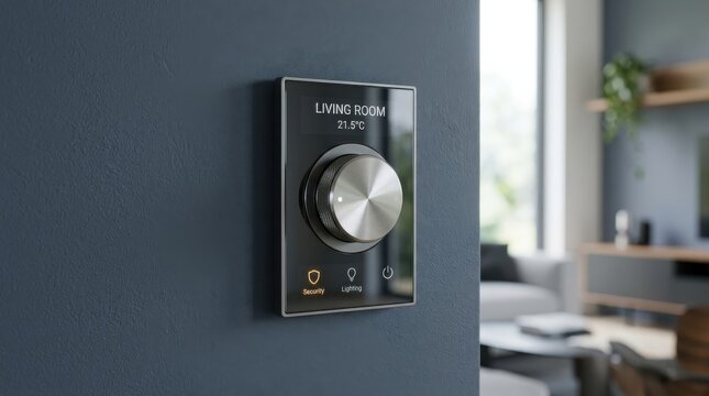 Blue wall button with a metallic knob for a minimal interface and professional smart home technology concept. This high-tech