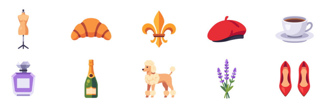 Set of French culture and lifestyle icons with fashion, perfume, pastry, cafe, champagne, lavender, poodle, beret, and heraldic symbols, colorful collection with illustrations