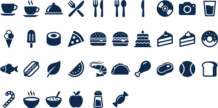 Dark Blue Solid Style Restaurant and Food Menu Icon Set Featuring Coffee Burger Pizza Sushi Cake Shrimp Taco and More on White Background