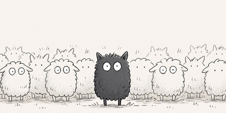 black sheep - comical animation of black sheep surrounded by white sheep sticking out from the crowd