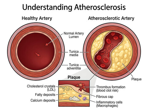 Healthy vs atherosclerotic artery comparison diagram isolated on white background