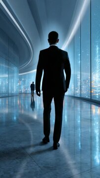 A solitary figure in a suit gazes through expansive glass windows at a vibrant, illuminated city skyline. The scene blends innovation, ambition, and urban sophistication in a futuristic setting