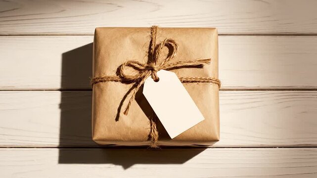 A brown paper gift box with a blank tag sits on a white wooden table