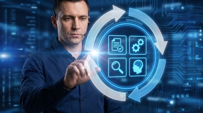 Digital feedback loop process showing continuous improvement, monitoring, analysis, optimization, and decision-making for effective problem solving and system enhancement.