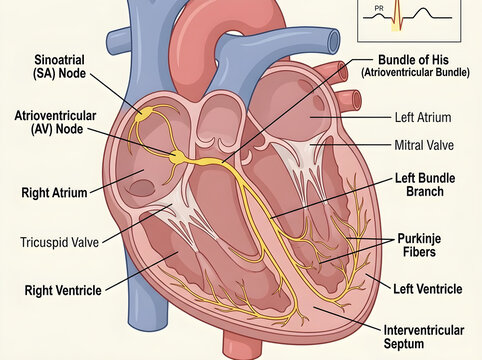 Human heart anatomy diagram with electrical system labeled isolated on white background