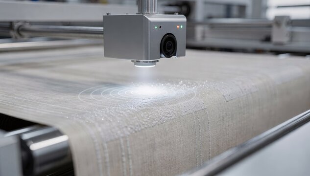 Close medium angle of an AI inspection system with a topmounted camera analyzing texture inconsistencies and pinpointing flaws on continuous moving web during production.