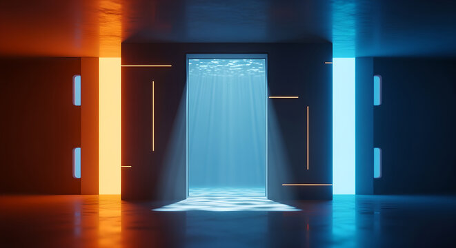 Futuristic Room with Blue Doorway