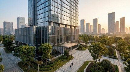 Fototapeta premium Modern glass building with city skyline, professional architectural landscape, high detail skyscraper textures, business travel