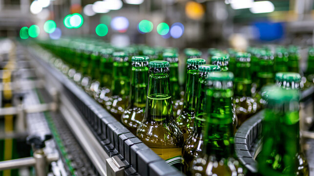 Close-up of green glass bottles on conveyor belt in beverage factory
