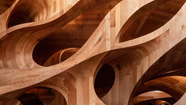 Organic Parametric Wooden Architecture with Flowing Curved Timber Structures