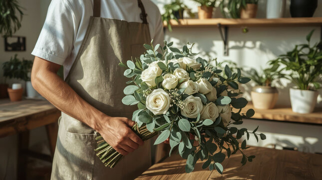 A man wearing a linen apron holds a beautiful bouquet of white roses and green eucalyptus in a flower shop. local florist business, flower craft studio, small business owner.