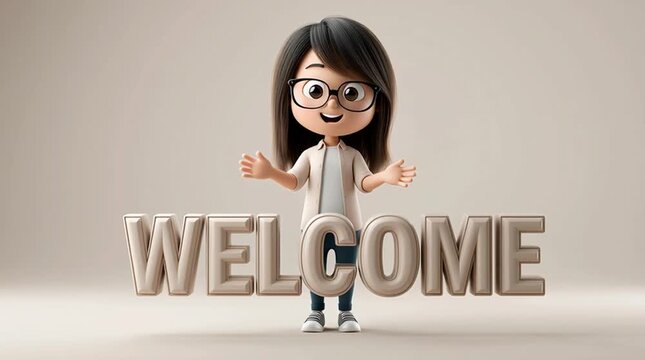Cartoon presenter speaking and gesturing toward giant floating bold typography &ldquo;WELCOME&rdquo;. Animated character with visible mouth movement creating a friendly introduction, presentation and communicatio