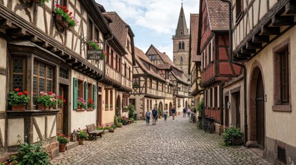 Fototapeta premium Charming medieval village street with cobblestones and european timber houses in an old town. This historic architecture scene