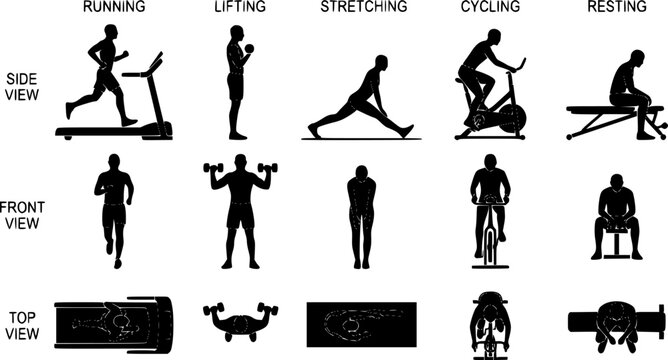 Architectural people silhouette vector gym activity. running on treadmill, lifting dumbbells, stretching, cycling on exercise bike, sitting resting. side, front, and top views. Vector