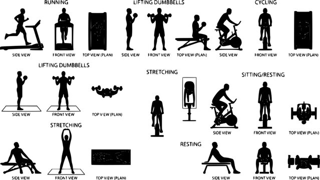 Architectural people silhouette vector gym activity. running on treadmill, lifting dumbbells, stretching, cycling on exercise bike, sitting resting. side, front, and top views. Vector