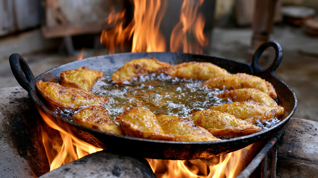 Traditional Fried Food Cooking in Large Pan Over Open Flame Outdoors