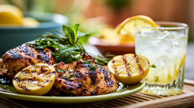 Grilled chicken thighs served with fresh herbs and grilled lemon on plate