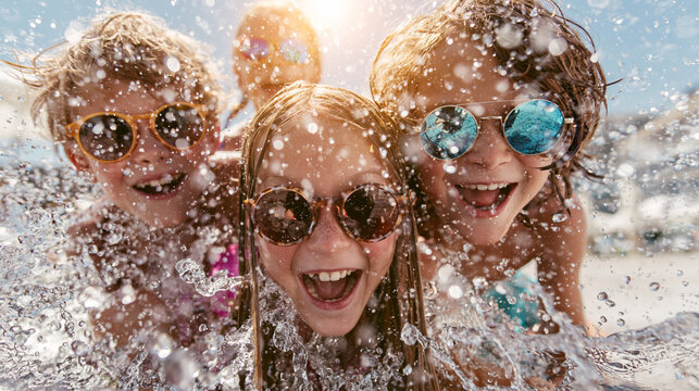 Happy friends enjoying sunny day splashing water at outdoor pool