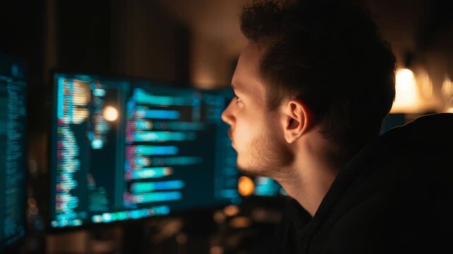 Tired software developer takes moment to rest during late night coding session, surrounded by glowing monitors filled with programming code. Scene captures intensity, dedication tech professionals
