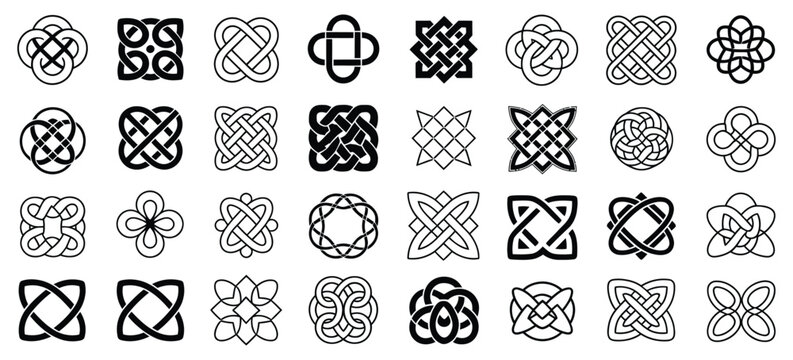 Celtic irish knot ornaments, medieval gaelic decorative symbols, endless intertwined patterns for tattoo, logo and vector design.