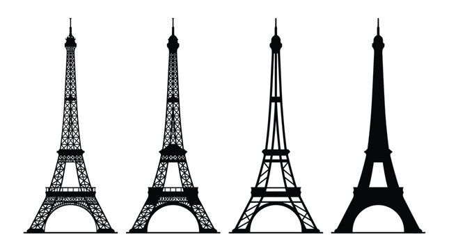 Four distinct silhouette illustrations of the iconic Eiffel Tower against a white background
