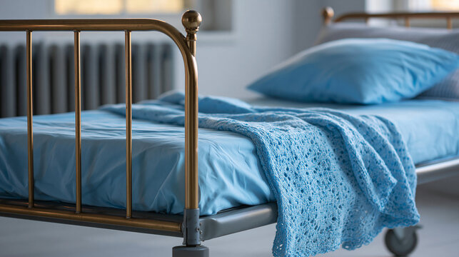 Cozy single bed with blue bedding and knitted blanket in bright room