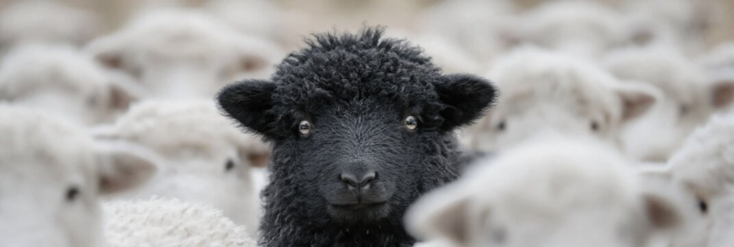 black sheep standing among white sheep