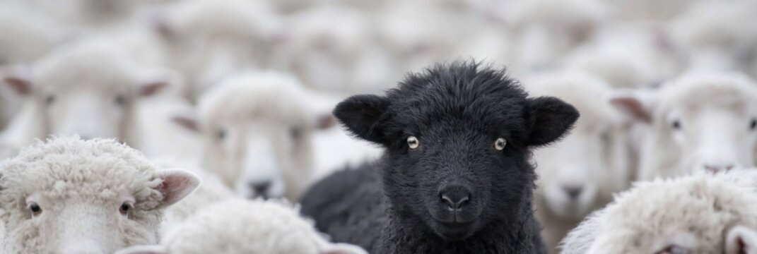 black sheep standing among white sheep