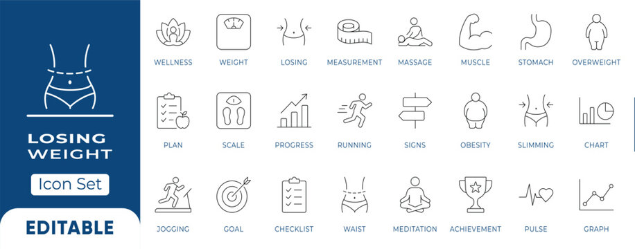 Weight Loss and Body Measurement Line Icon Set. Fitness Tracking and Diet Plan Editable Vectors Collection.