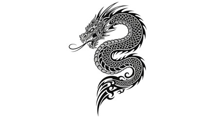 Fototapeta premium Intricate Black and White Dragon Illustration with Tribal Elements.