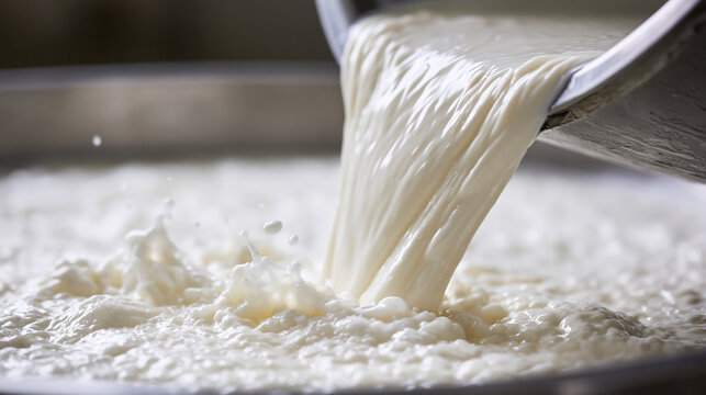 Fresh raw milk flowing from metal container into large vat for processing