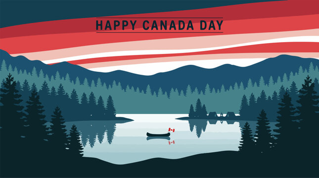 Happy Canada Day landscape vector, scenic mountain lake with canoe and pine forest, red and white sunset sky over Canadian wilderness