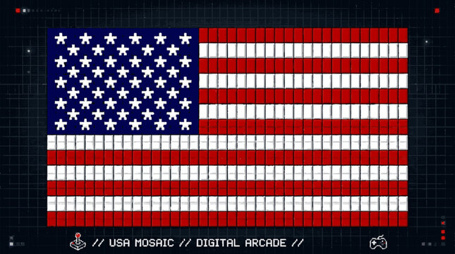 American flag pixel art mosaic design on digital arcade grid background
