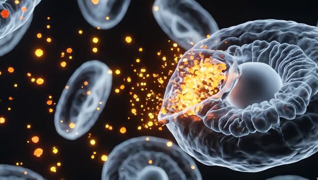 Oxidative stress affecting healthy cells, glowing reactive particles colliding gently with transparent cellular structures