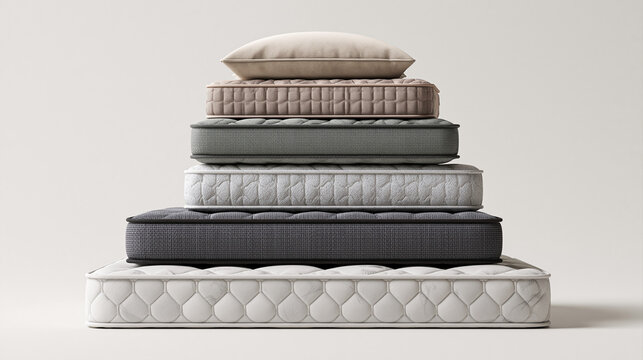 Stack of Soft Mattresses and Folded Blankets in Minimalist Setting