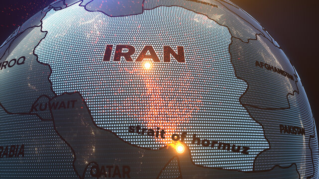 A 3D world map highlights Strait of Hormuz, and Iran, the Middle East, IRAN map, UAE map, Dubai, Strait of Hormuz, 