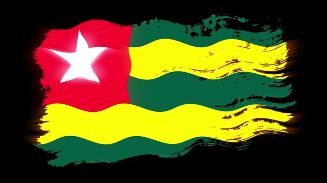 Waving torn Togo flag grunge brush burn light leaks, transparent background alpha channel loop full HD