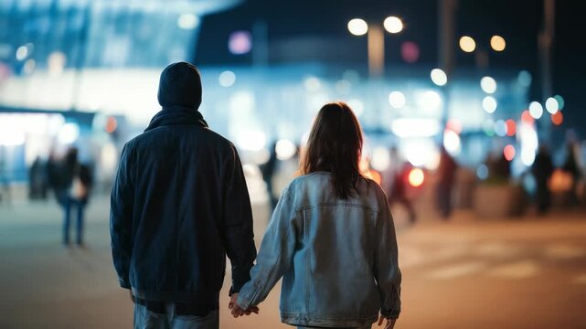 Romantic evening stroll captures essence urban nightlife as couple walks hand in hand, surrounded by blurred city lights. Scene evokes feelings connection, love, modern exploration