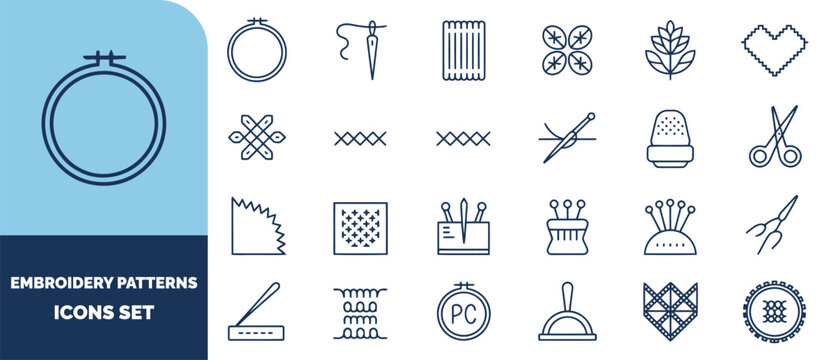 Embroidery and sewing set, featuring needles, hoops, scissors, thimbles, thread, and cross-stitch patterns in dark blue line